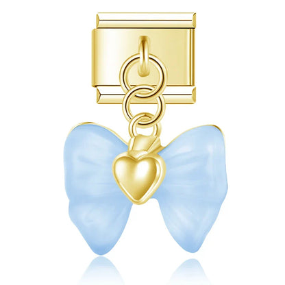 Winged Crystal & Coquette Bow Dangle Italian Charms in Gold — Angel Wing Heart & Resin Bow Dangle Links