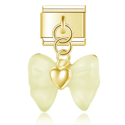 Winged Crystal & Coquette Bow Dangle Italian Charms in Gold — Angel Wing Heart & Resin Bow Dangle Links