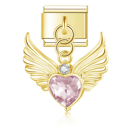 Winged Crystal & Coquette Bow Dangle Italian Charms in Gold — Angel Wing Heart & Resin Bow Dangle Links