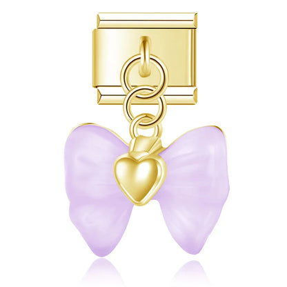 Winged Crystal & Coquette Bow Dangle Italian Charms in Gold — Angel Wing Heart & Resin Bow Dangle Links