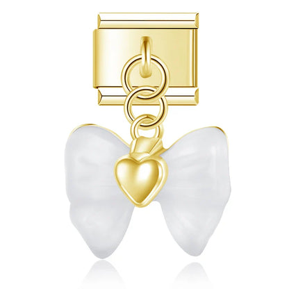 Winged Crystal & Coquette Bow Dangle Italian Charms in Gold — Angel Wing Heart & Resin Bow Dangle Links