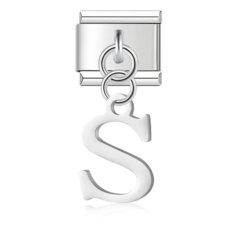 letters dangle charms in silver