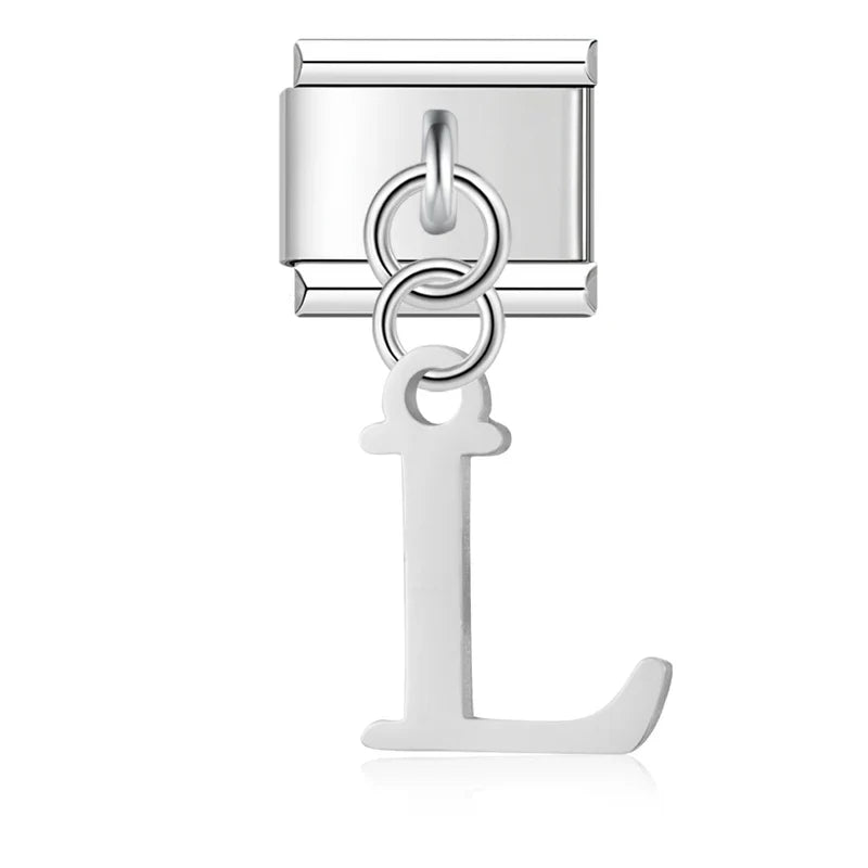 letters dangle charms in silver