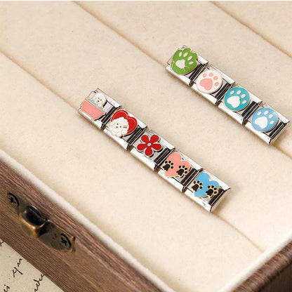 Dog Paw, Poodle & Flower Enamel Italian Charms — Paw Hearts, Poodle Bath & Red Daisy Links