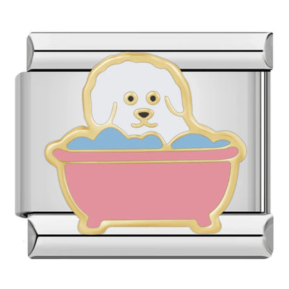 Dog Paw, Poodle & Flower Enamel Italian Charms — Paw Hearts, Poodle Bath & Red Daisy Links