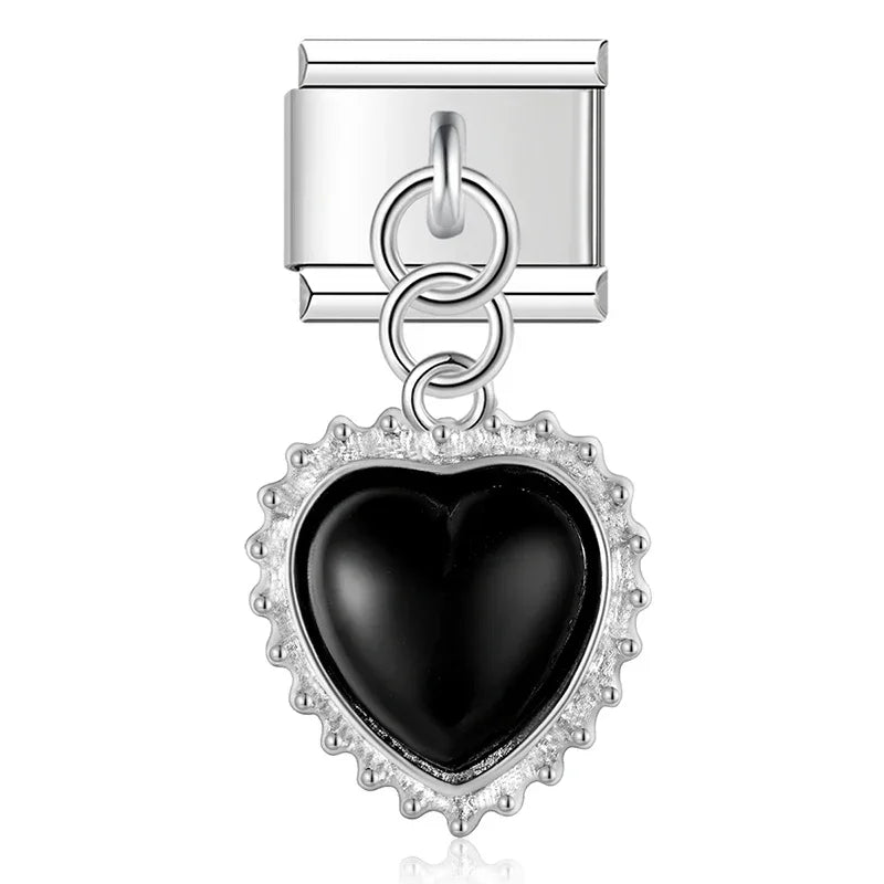 The Textured Heart & Crystal Dangle Charm in Silver