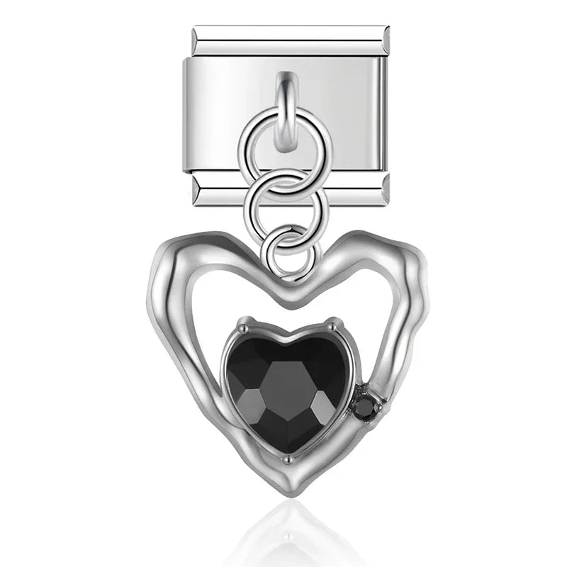 The Textured Heart & Crystal Dangle Charm in Silver