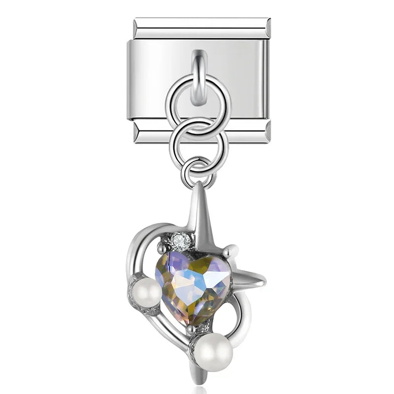 The Textured Heart & Crystal Dangle Charm in Silver