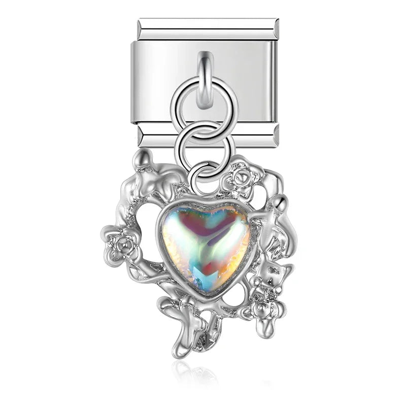 The Textured Heart & Crystal Dangle Charm in Silver