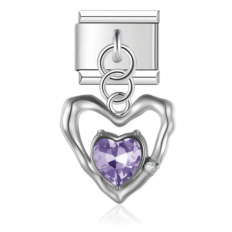 The Textured Heart & Crystal Dangle Charm in Silver