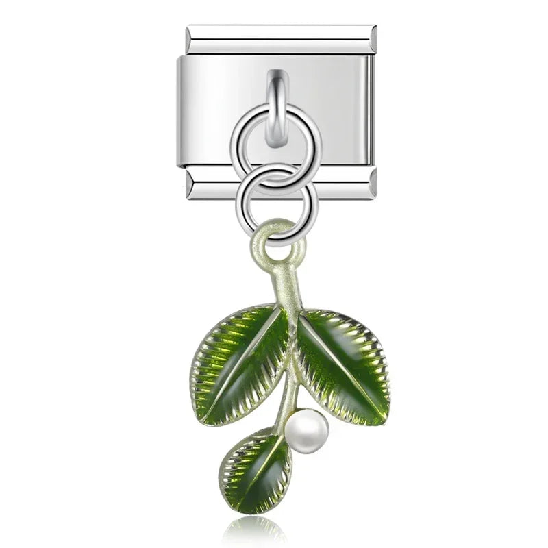 Green Leaf dangle charms in silver