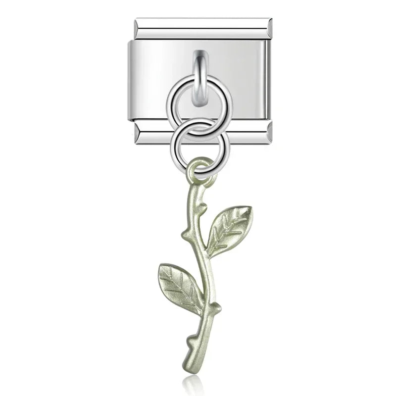 Green Leaf dangle charms in silver