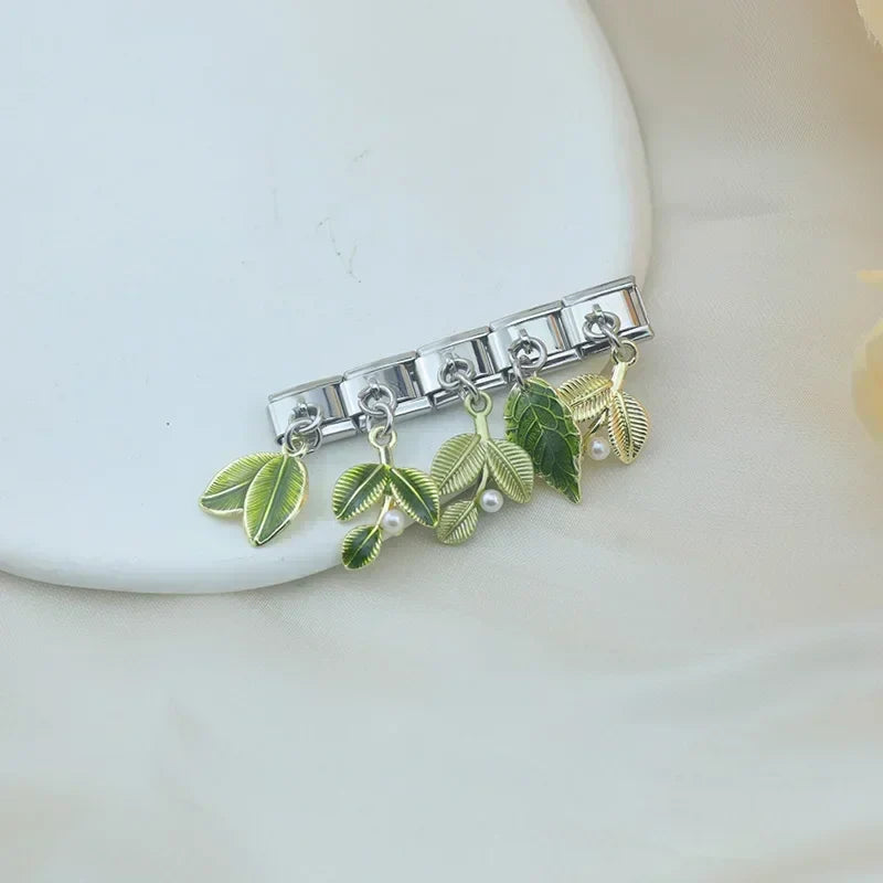 Green Leaf dangle charms in silver