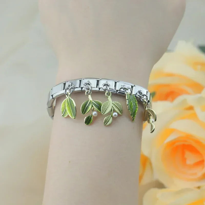 Green Leaf dangle charms in silver