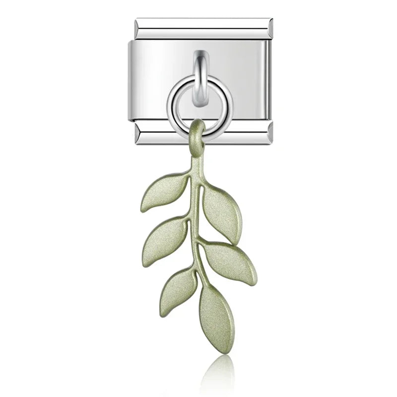 Green Leaf dangle charms in silver