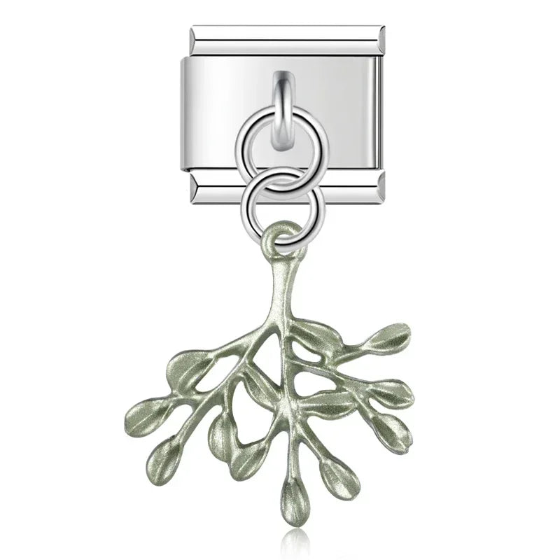 Green Leaf dangle charms in silver