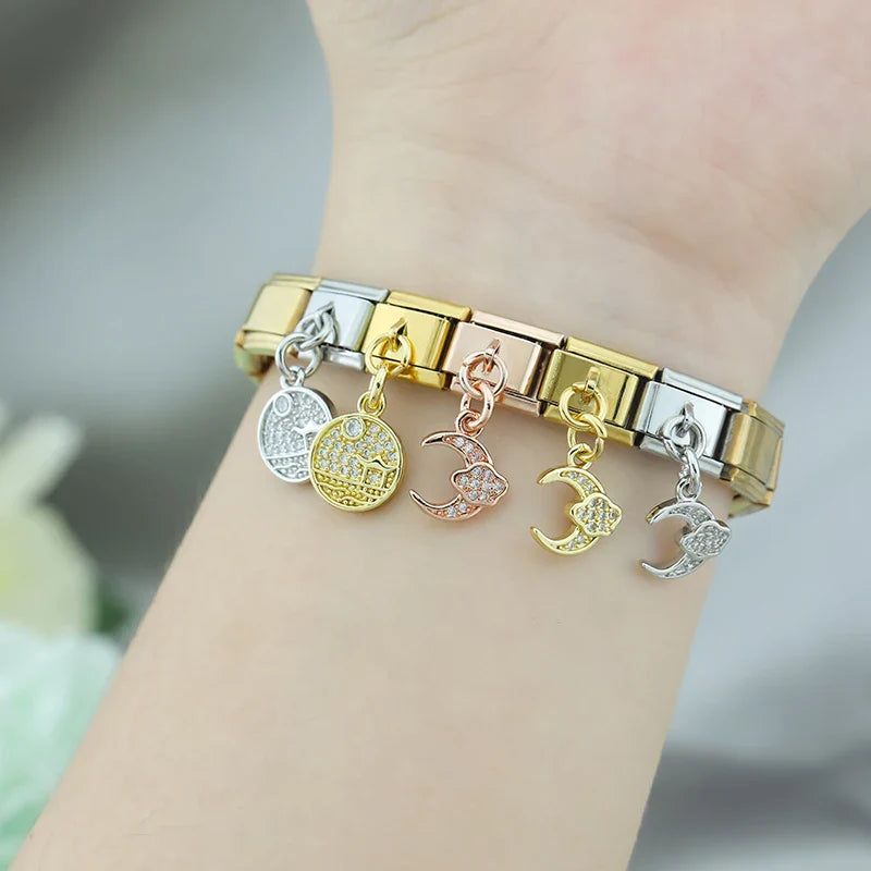 Round Moon Shiny CZ Charms Italian Link DJ1173