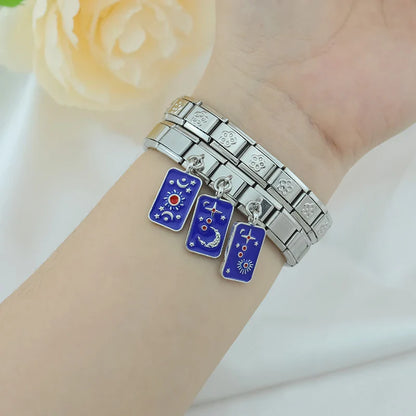 Tarot Starry Blue Sky Italian Charms — Mystical Tarot Card, Moon, Star & Sun Dangle Links