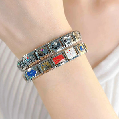 Sparkling Birthstone & Birth Month Cursive Italian Charms — Jan–Dec CZ Stone Oval Links