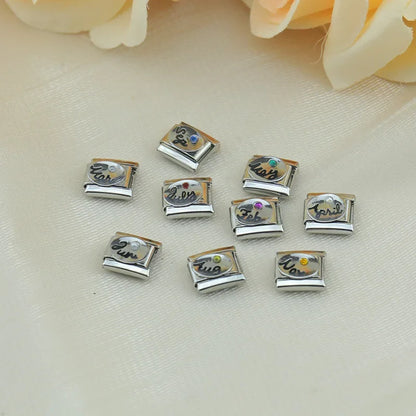 Sparkling Birthstone & Birth Month Cursive Italian Charms — Jan–Dec CZ Stone Oval Links