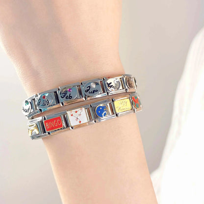 Sparkling Birthstone & Birth Month Cursive Italian Charms — Jan–Dec CZ Stone Oval Links