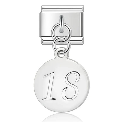 Elegant Silver Milestone Number Dangle Italian Charms — 18, 21, 30, 40, 50 & 60 Birthday Dangle Links