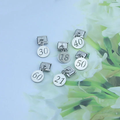 Elegant Silver Milestone Number Dangle Italian Charms — 18, 21, 30, 40, 50 & 60 Birthday Dangle Links