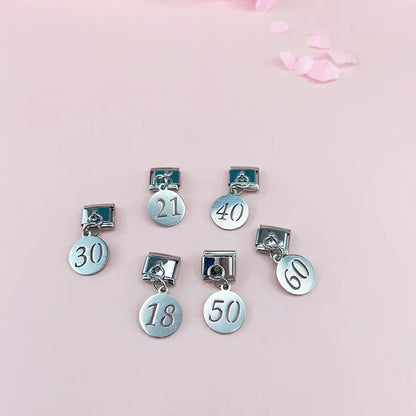 Elegant Silver Milestone Number Dangle Italian Charms — 18, 21, 30, 40, 50 & 60 Birthday Dangle Links