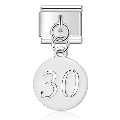 Elegant Silver Milestone Number Dangle Italian Charms — 18, 21, 30, 40, 50 & 60 Birthday Dangle Links