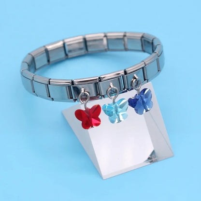 Pretty Colourful Crystal Butterfly Dangle Italian Charms — Pink, Black, Teal & Red Resin Butterfly Links