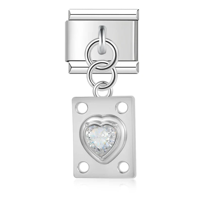 Vintage Jeweled Heart Plaque Dangle Charm silver&gold