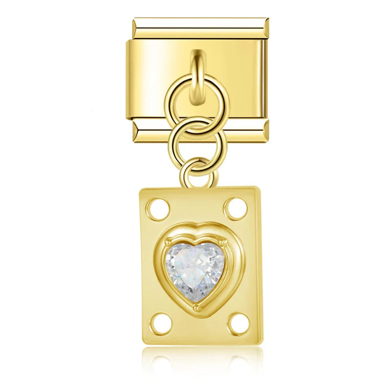 Vintage Jeweled Heart Plaque Dangle Charm silver&gold