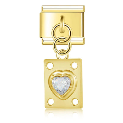 The Crystal Heart Plaque Dangle Charm in Silver & Gold