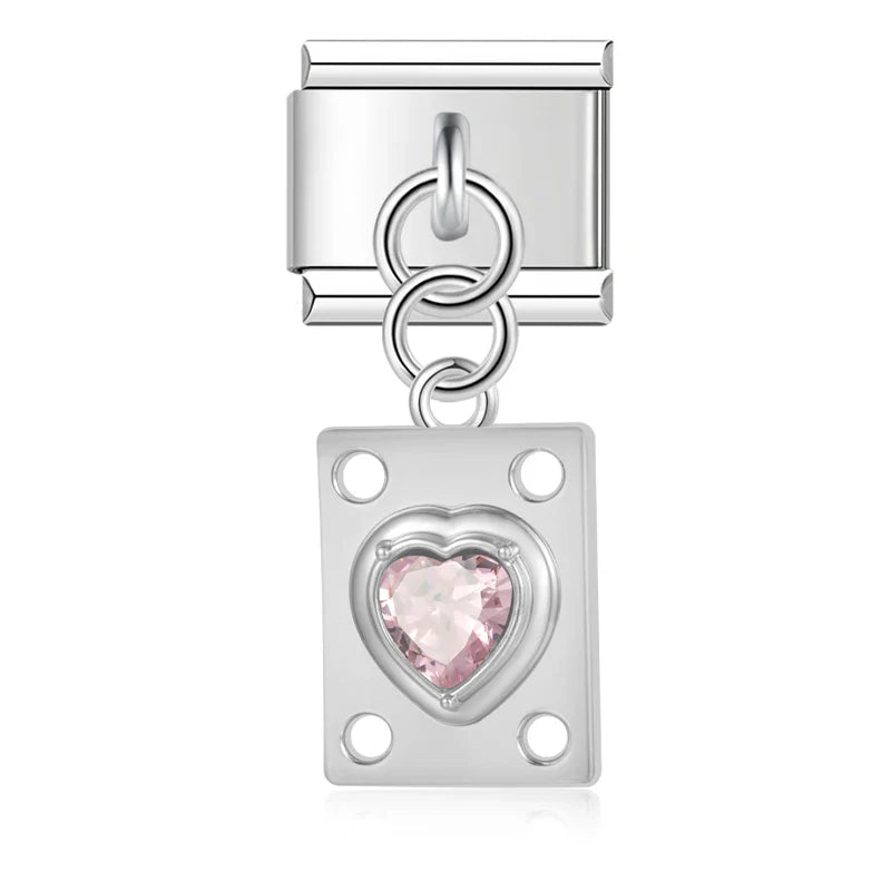 Vintage Jeweled Heart Plaque Dangle Charm silver&gold
