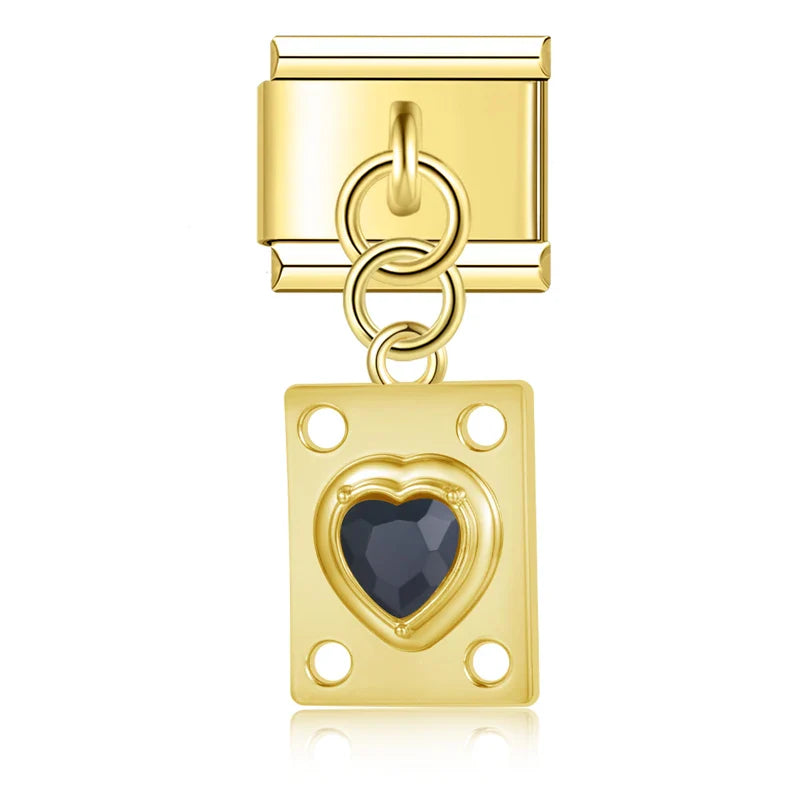Vintage Jeweled Heart Plaque Dangle Charm silver&gold
