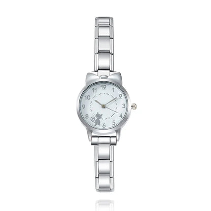 Cute Cat-Themed Customisable Silver Italian Charm Watch — Kawaii Cat Face Watch Bracelet