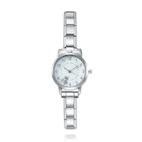 Cute Cat-Themed Customisable Silver Italian Charm Watch — Kawaii Cat Face Watch Bracelet