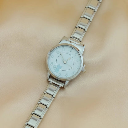 Cute Cat-Themed Customisable Silver Italian Charm Watch — Kawaii Cat Face Watch Bracelet