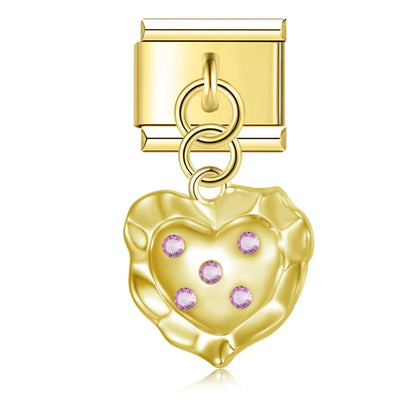 Crystal-Set Textured Heart Dangle Charms in Silver & Gold
