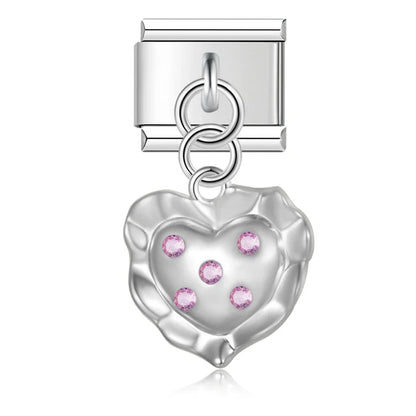Crystal-Set Textured Heart Dangle Charms in Silver & Gold
