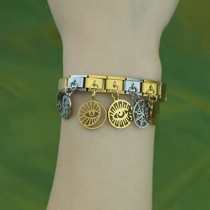 Hollow Round Eye, Leaf & Yin Yang Dangle Charm in Silver & Gold