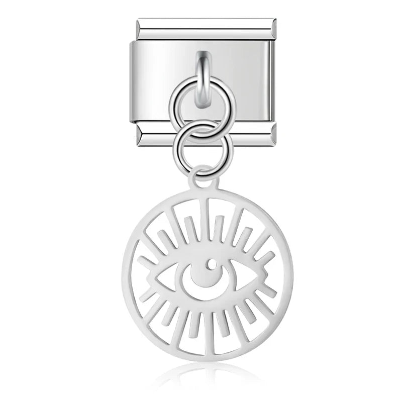 Hollow Round Eye, Leaf & Yin Yang Dangle Charm in Silver & Gold