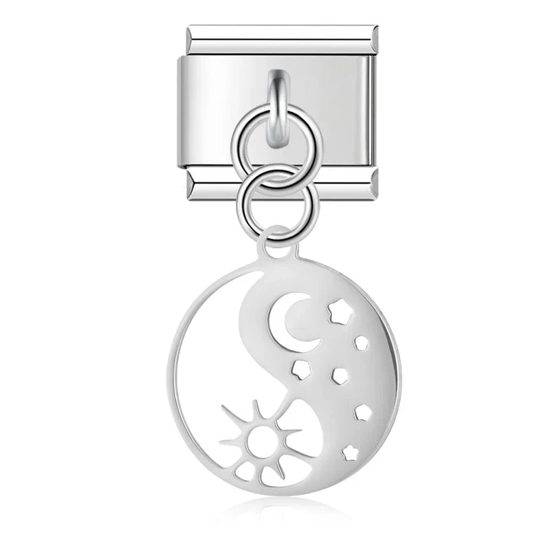 Hollow Round Eye, Leaf & Yin Yang Dangle Charm in Silver & Gold