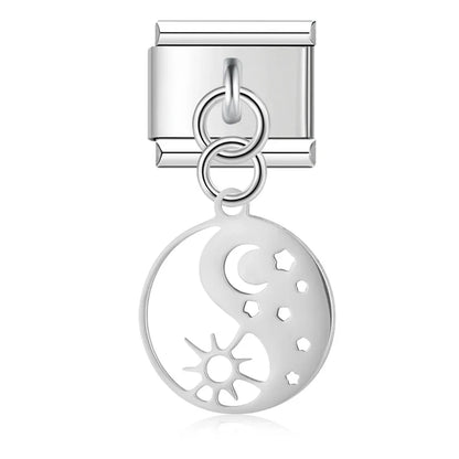 Hollow Round Eye, Leaf & Yin Yang Dangle Charm in Silver & Gold