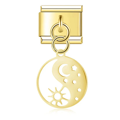 Hollow Round Eye, Leaf & Yin Yang Dangle Charm in Silver & Gold