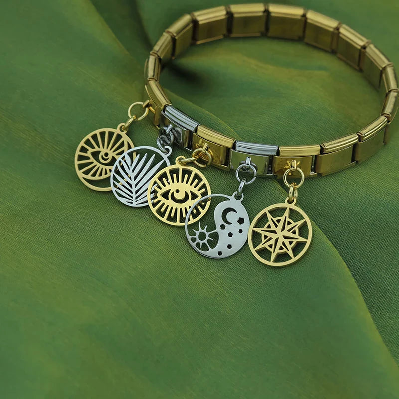 Hollow Round Eye, Leaf & Yin Yang Dangle Charm in Silver & Gold