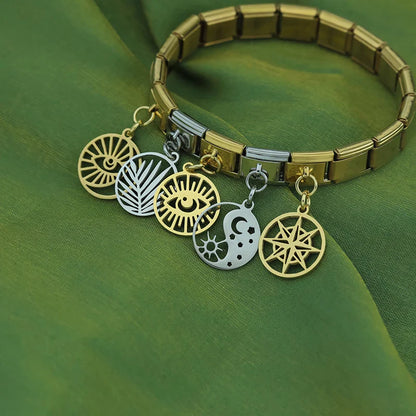 Hollow Round Eye, Leaf & Yin Yang Dangle Charm in Silver & Gold