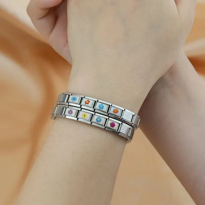 Colourful Spring Flower Italian Charms — Vivid Enamel Floral Bracelet Links in Multiple Colours