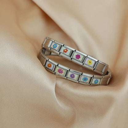 Colourful Spring Flower Italian Charms — Vivid Enamel Floral Bracelet Links in Multiple Colours