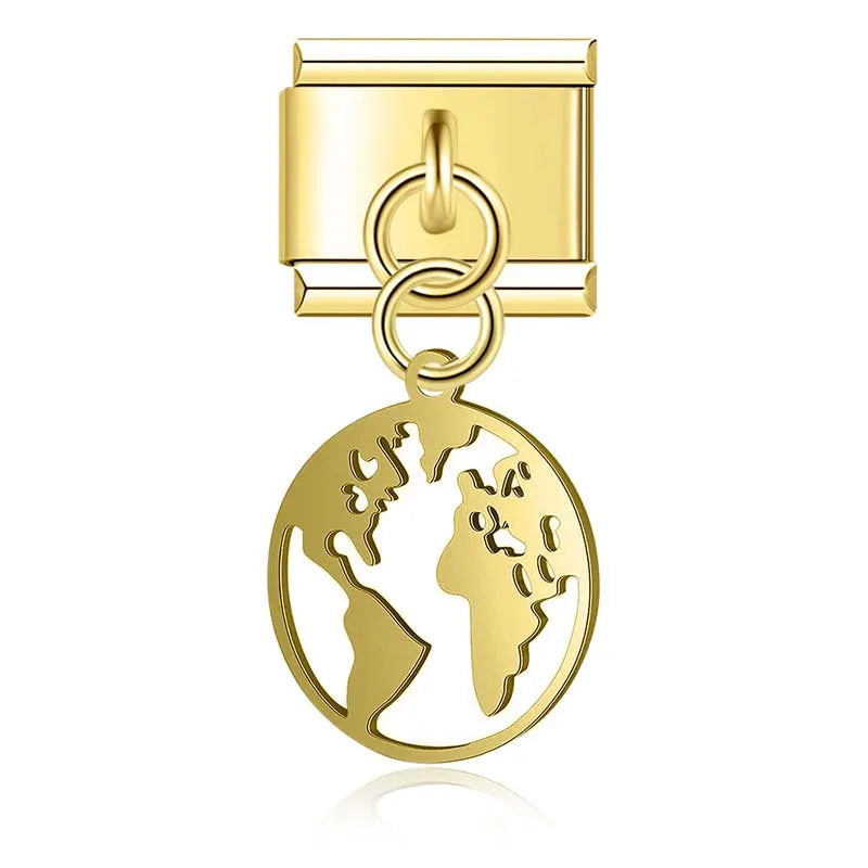 World Map Heart Tree Sun Pineapple charms silver&gold